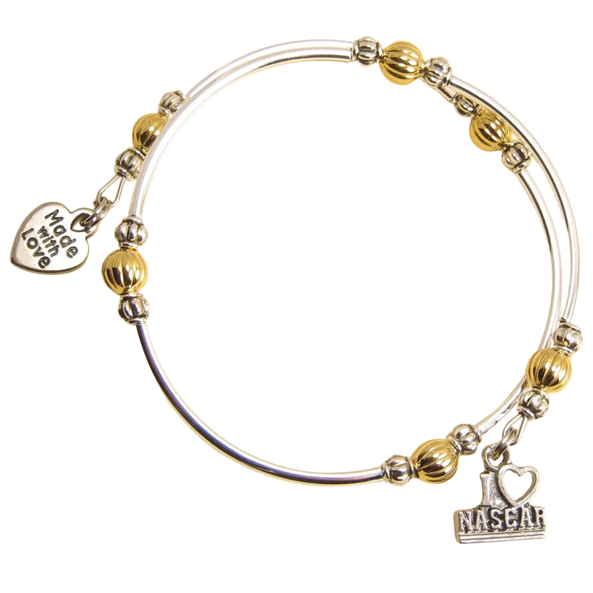 I Love Nascar Wrap Bracelet Handmade Themed Charm Bracelet Jewelry Gift. Gold, Silver or Black Bead Option