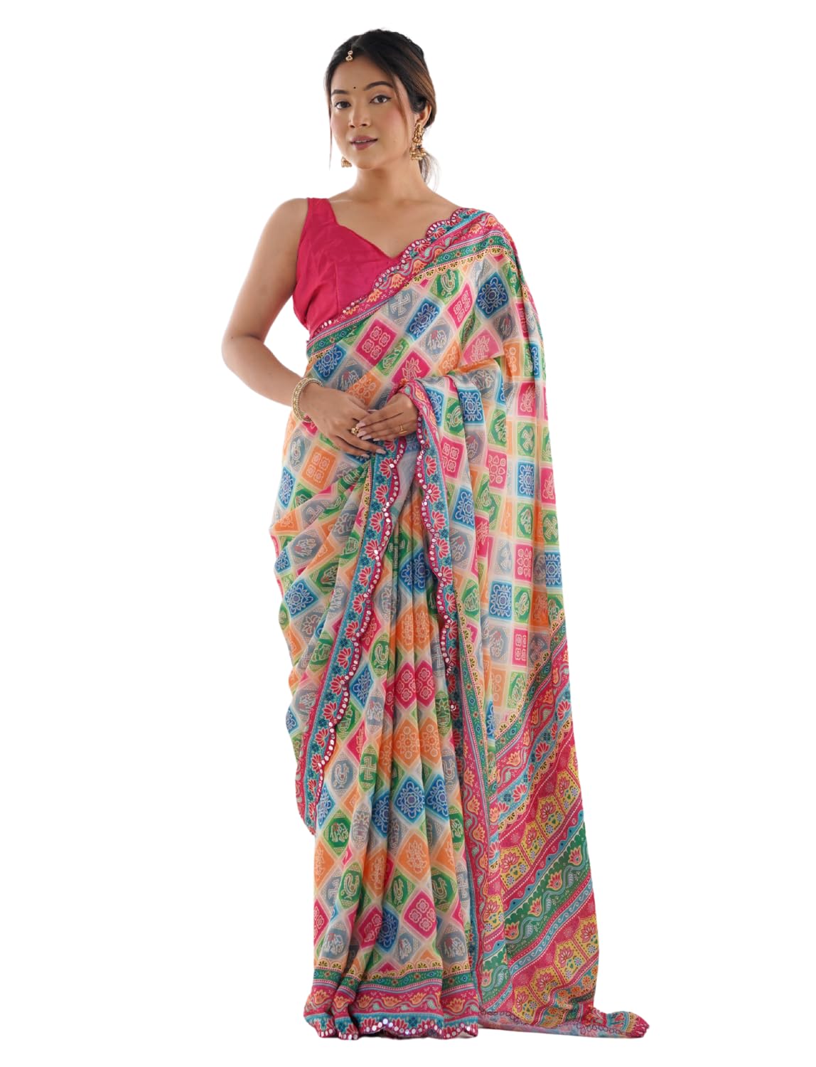Women's Chinnon Sarees with Printed and Mirror Work With Unstitched blouse piece-image-49