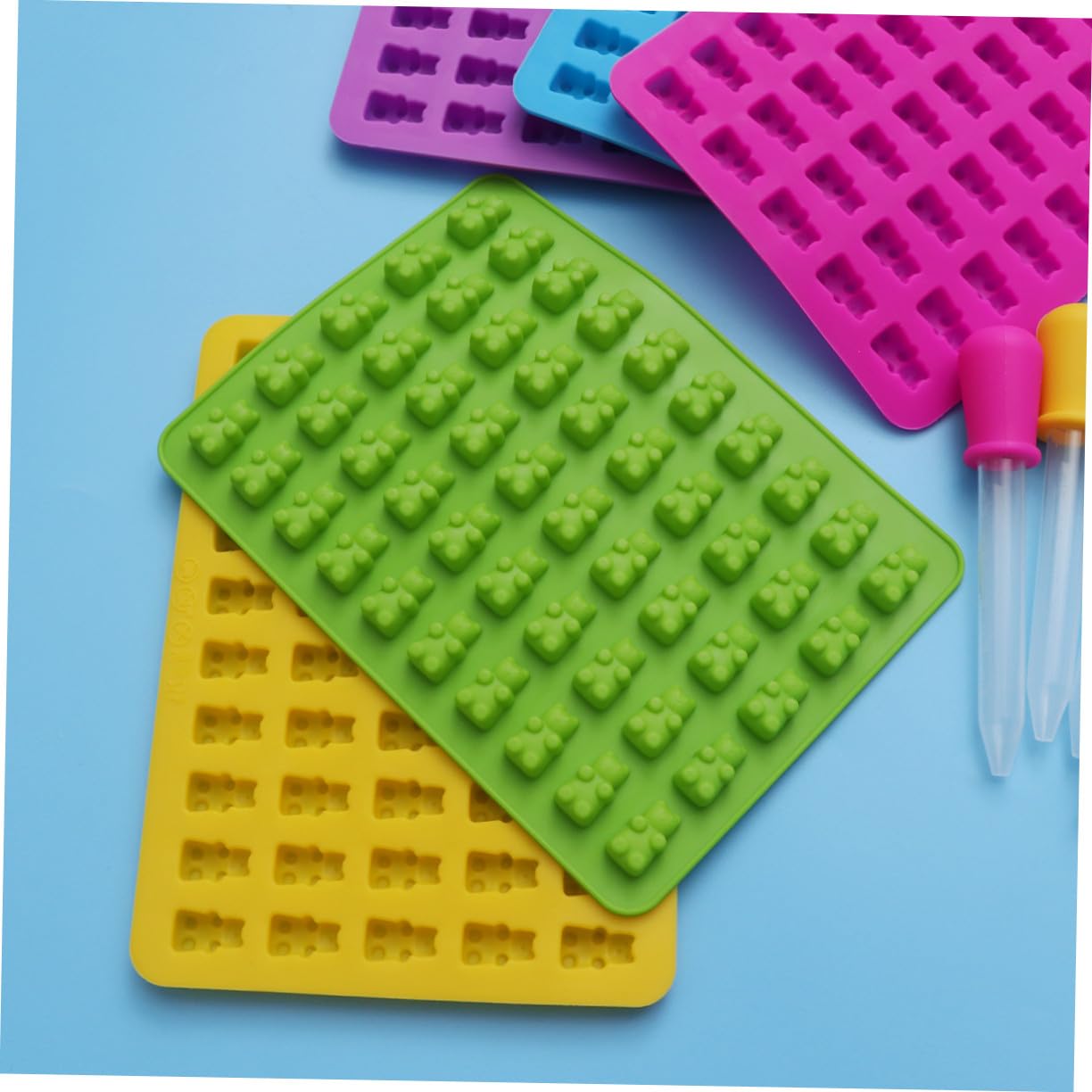 5sets Stampo Forma di Orso in Silicone per Cioccolatini e Caramelle con Contagocce per Dolcetti Azzurro Verde Rosa Giallo