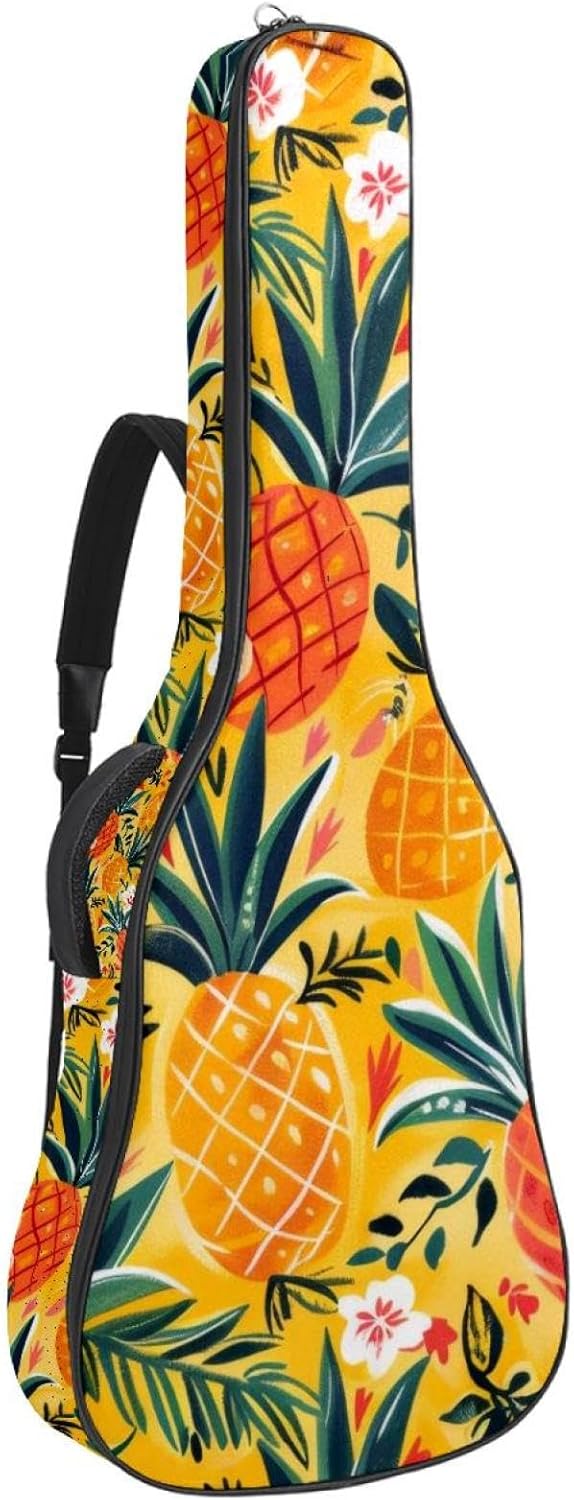 Acoustic Guitar Bag 0.4 Inch Thick Padding Waterproof Guitar Case Gig Bag for 40 41 42 Inch Electric Bass Classical Guitar, Tropical Leaves Pineapples Pattern