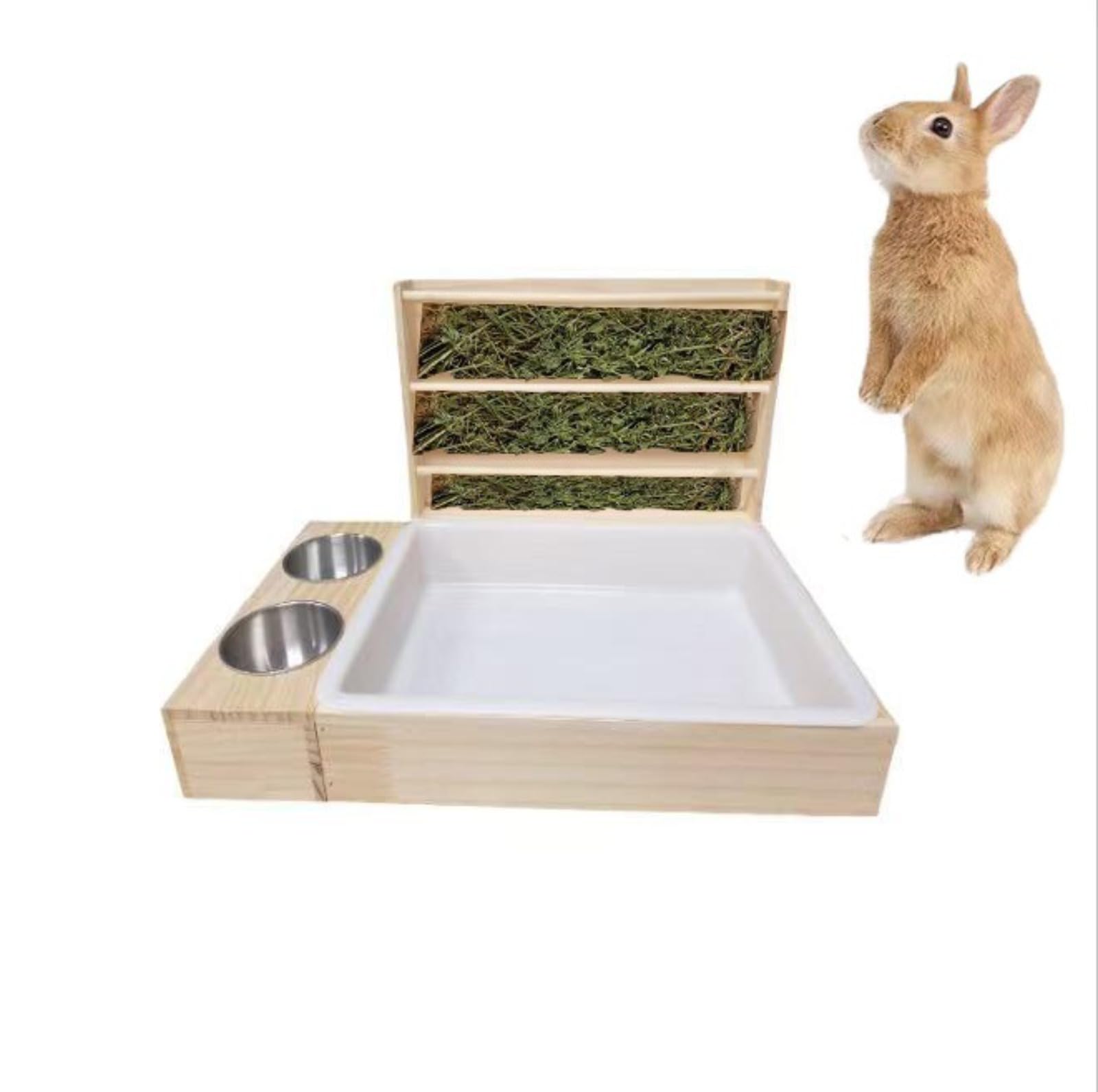 3 en 1 Mangeoire à Foin de Lapin avec Bac à Litière, Mangeoire Multifonction Facile à Nettoyer en Bois, Jouet de Recherche de Nourriture pour Lapin/Cobaye/Chinchillas/Hamster