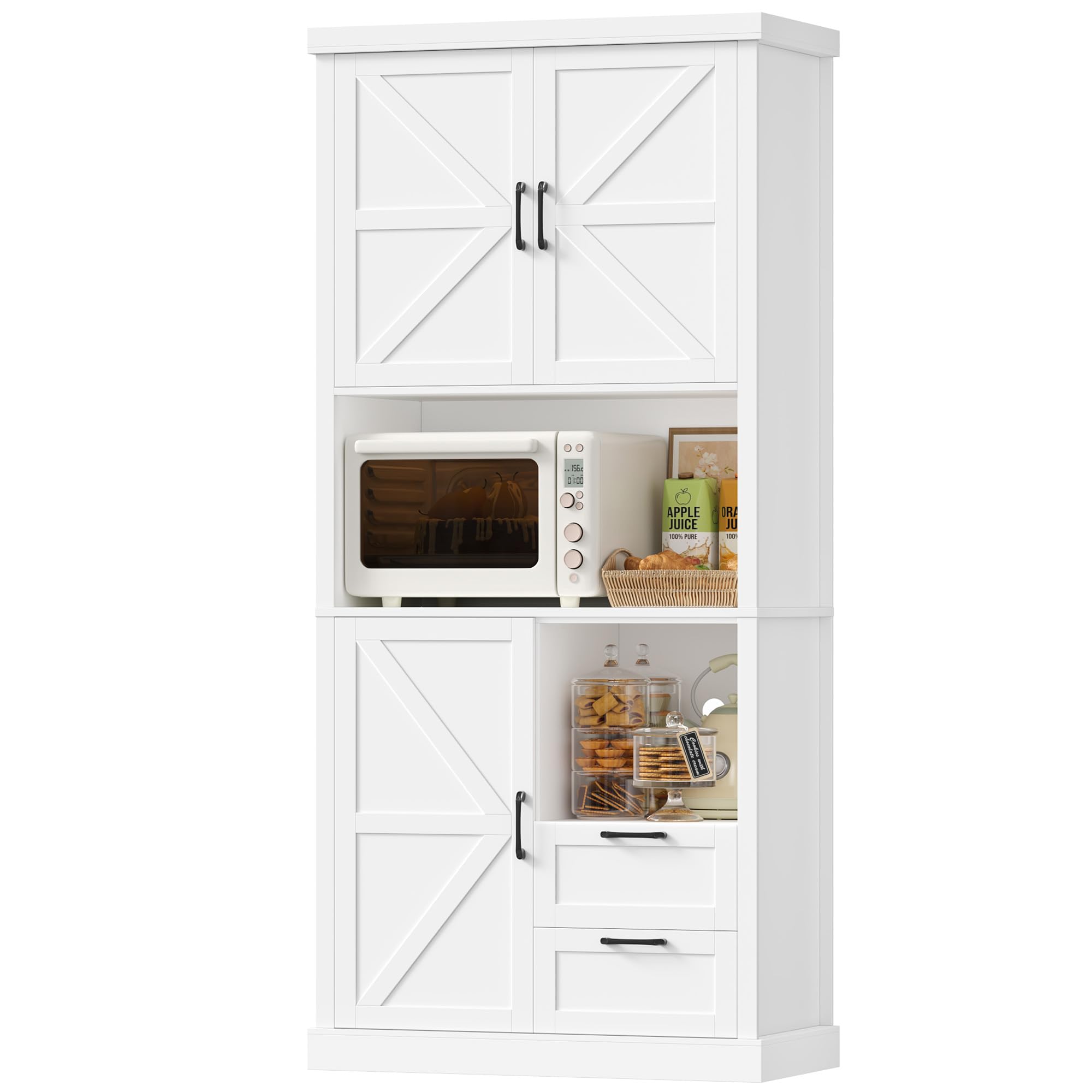 HOCSOK Küchenschrank, 193 cm Küchenbuffet Buffetschrank Weiß, 7 Staufächer | Vorratsschrank Küche mit 3 Türen und 2 Schubladen für Küche, Schlafzimmer, Wohnzimmer und Esszimmer, 193×80×40 cm