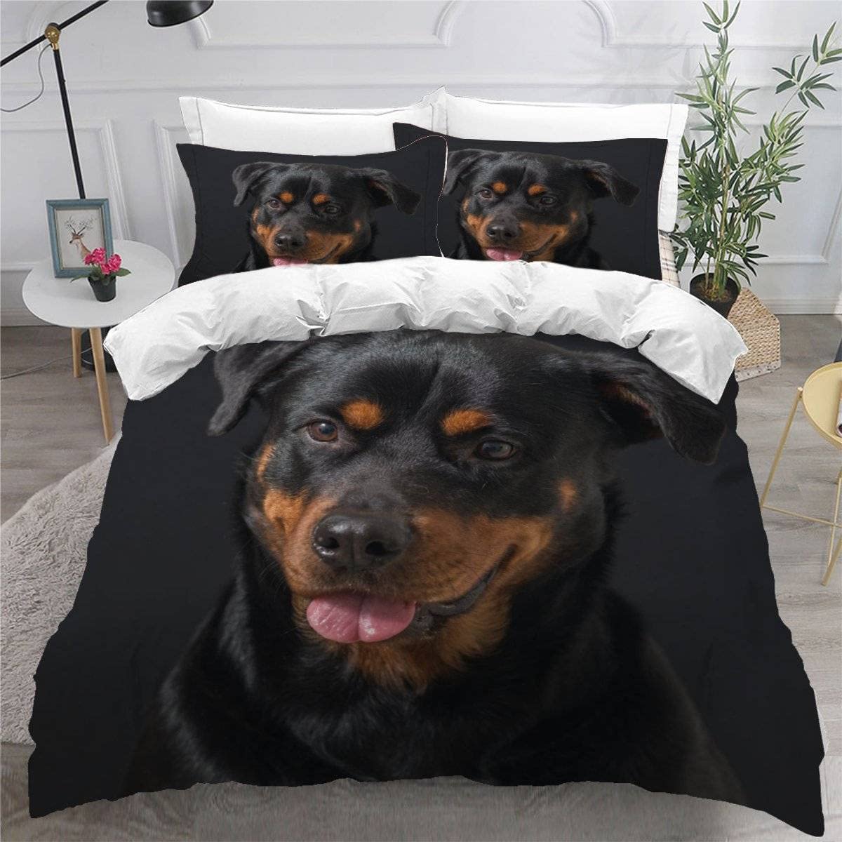 MEVASA King Bedding Set Rottweiler 3d Printed Girls Boys Adults Soft Microfiber Fluffy Breathable Kingsize Duvet Cover Set Dog Animal Black Bedding King Size with 2 Pillow Cases /230x220