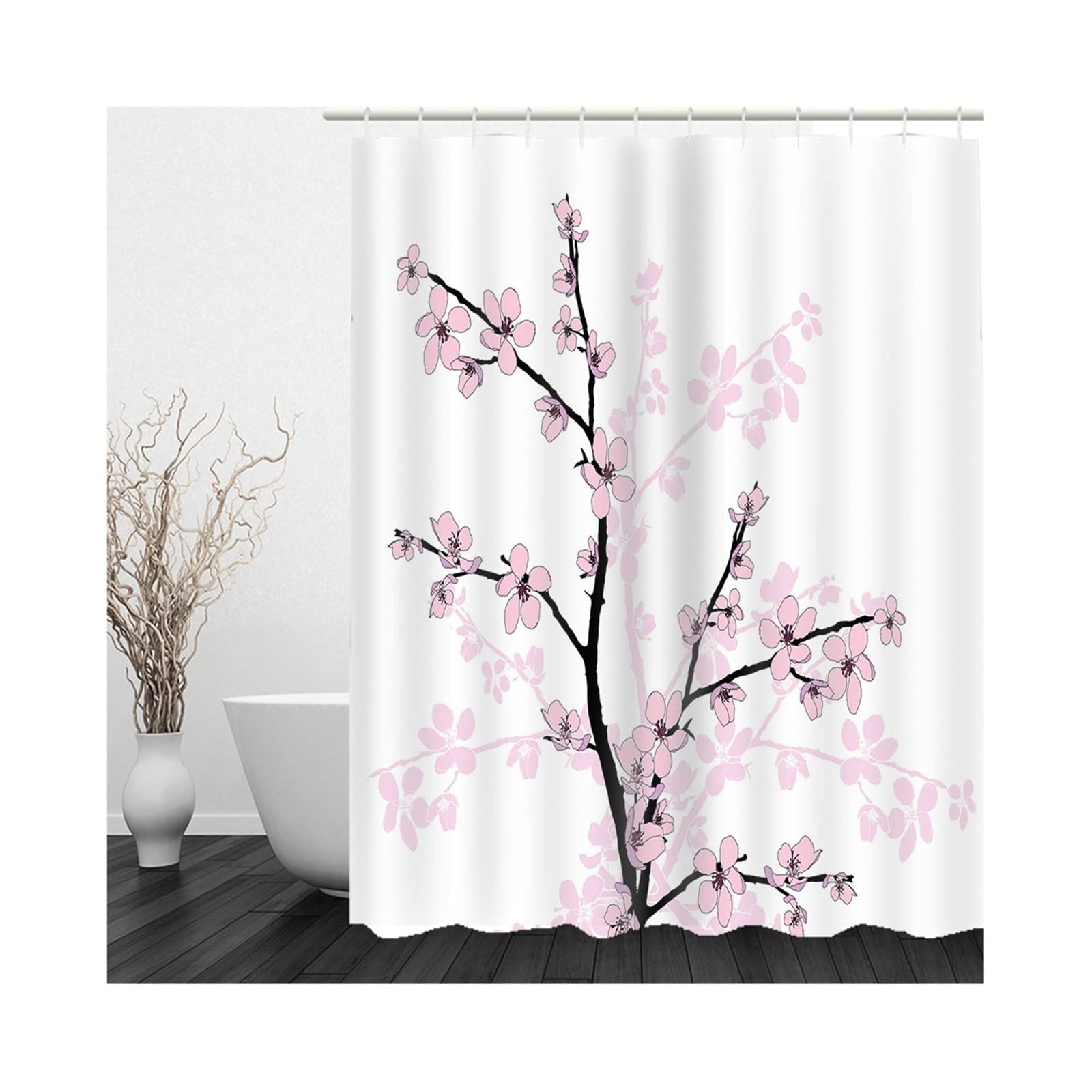 Cortina Baño Tela Impermeable Antimoho Rosa, Cortina de Baño Impermeable 90X180cm Poliester Árbol de Flor de Ciruelo Decorativa para Ducha
