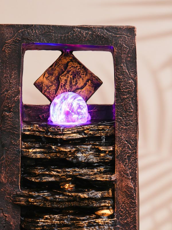 Image of Polyresin Golden Brown Table Top Indoor Waterfall Fountain for Home Decor with Yellow LED, Speed Controller Pump & Crystal Ball (Size: 40.5 x 29.5 x 22CM | Weight: 2240grm)