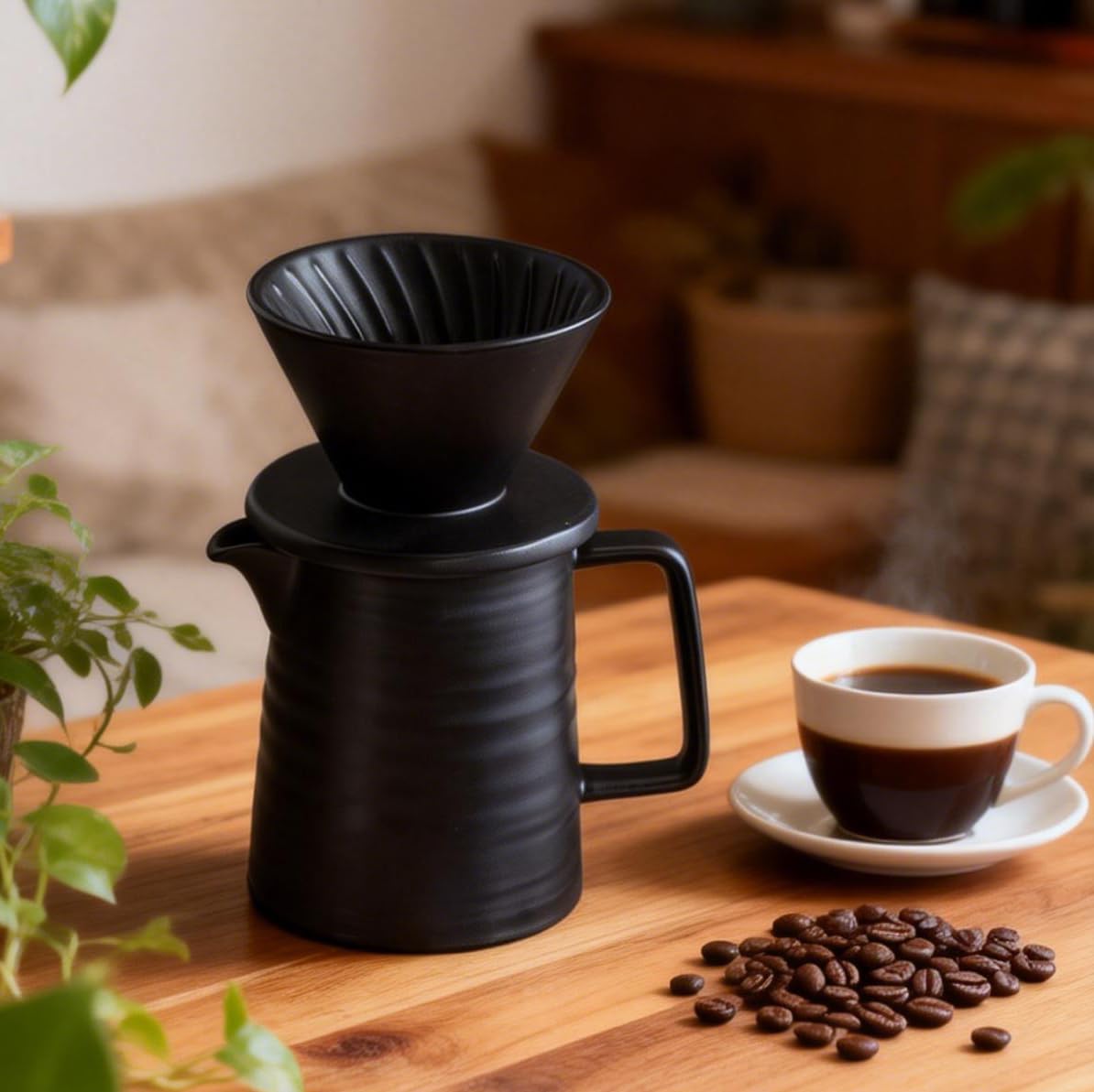 BeeCa Set di caffettiera in ceramica, con gocciolatore V60 da 1 a 2 tazze, include filtri di carta, mantiene il calore ottimale per casa, ufficio o bar, nero