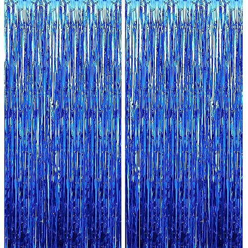 Image of 2 Pack 3.28 ft x 6.56 ft Blue Tinsel Curtain Party Backdrop Decorations, Metallic Foil Fringe Backdrop Door for Halloween, Christmas, Birthday Graduatio