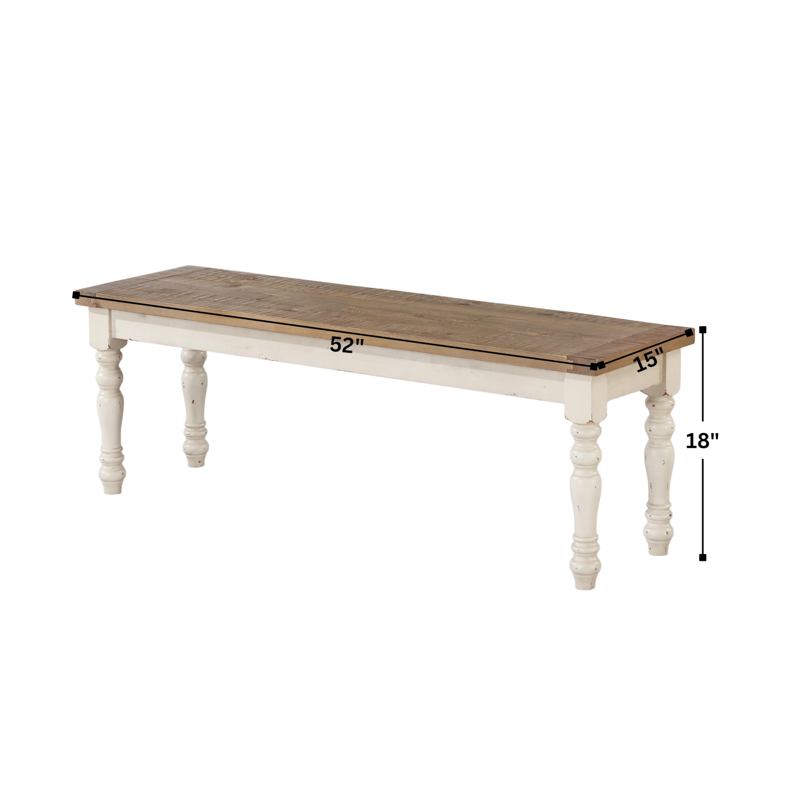 Roundhill Furniture Prato Two-Tone Distressed Oak Wood Dining Bench, Antique White