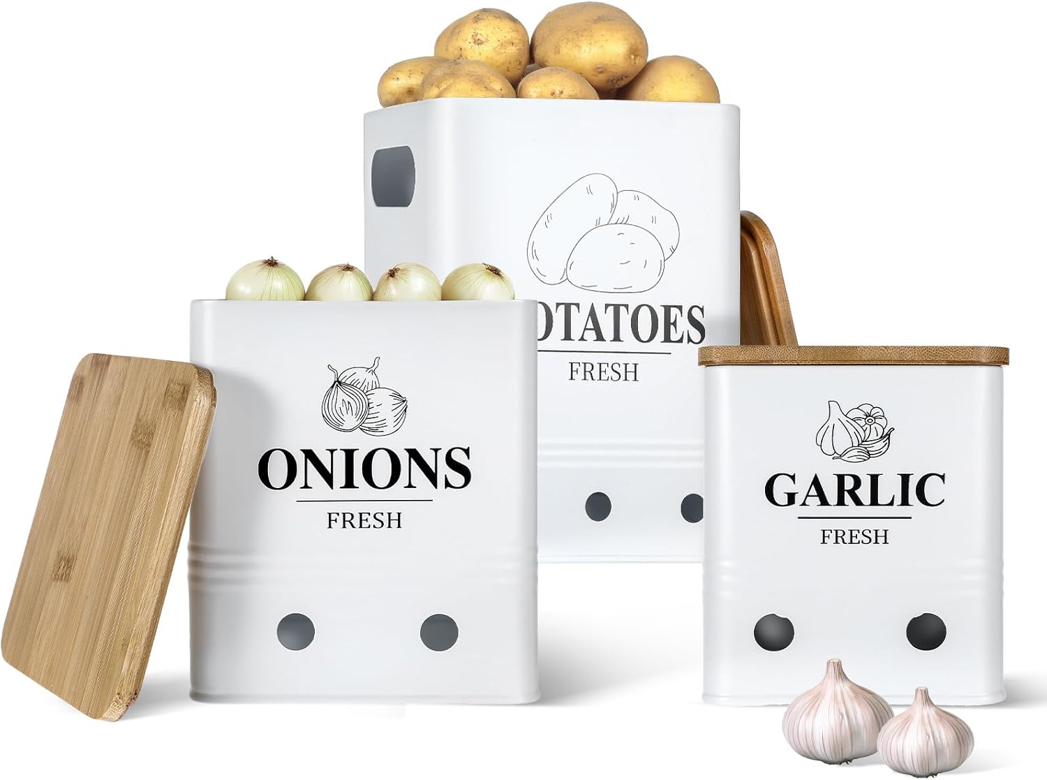 Lemecima Potato Onion Garlic Storage Set of 3 Ventilated Iron Canisters with Bamboo Lids - Potato and Onion Bin for Pantry， Kitchen Vegetable Containers Cute Metal Vegetable Bin Set of 3