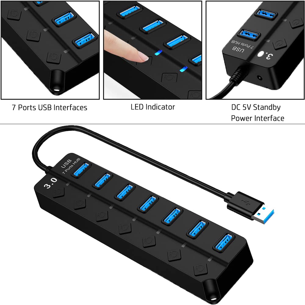Hub USB 3.0 A 7 Porte Con LED RGB E Interruttori Individuali – Trasferimento 5 Gbps, Cavo 1 M, Per PC E Laptop