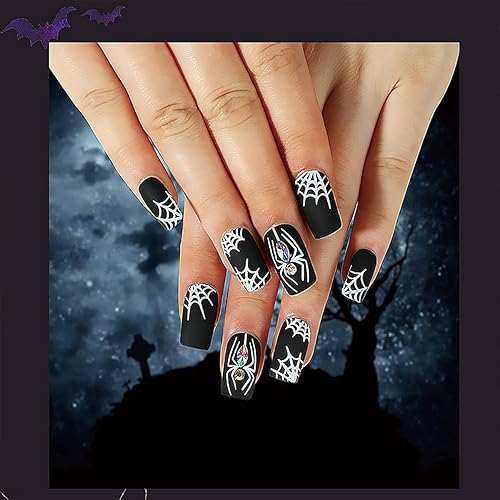 Uñas postizas cuadradas medianas de Halloween, color negro mate, con diamantes de imitación, decoración de uñas con telaraña, uñas con pegamento,