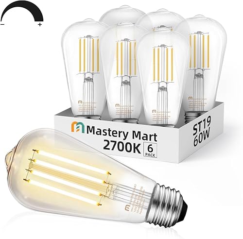 MASTERY MART Paquete de 6 bombillas LED Edison vintage, bombilla LED E26 de 5.5 W equivalente a 60 W, regulable, blanco suave 2700 K, bombillas de