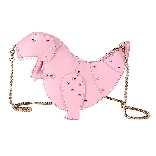 QZUnique Women's Dinosaur Animal Style Chain Shoulder Handbag PU Leather Crossbody Purse Bag Rivet Embellishment - D-dinosaur-pink