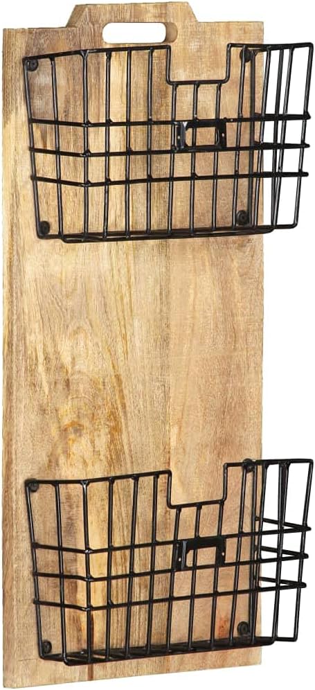 vidaXL Brown Wall-Mounted Magazine Rack, Solid Rough Mango Wood and Steel, with 2 Storage Baskets and Polished, Painted, & Varnished Finish