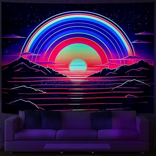 Amhokhui Tapiz de sol con luz negra, reactivo a los rayos UV, tapices de montaña Trippy Vaporwave Retro Neon Paisaje Tapiz de 1980 Tapices