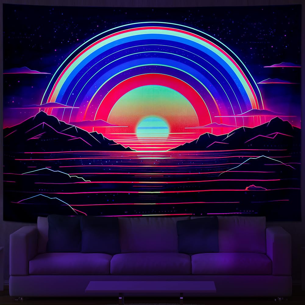AmhokhuiAmhokhui Blacklight Sun Tapestry UV Reactive Trippy Mountain Tapestry Vaporwave Tapestry Retro Neon Landscape Tapestry 1980S Abstract Tapestry Hippie Waves Wall Hanging Decor for Home