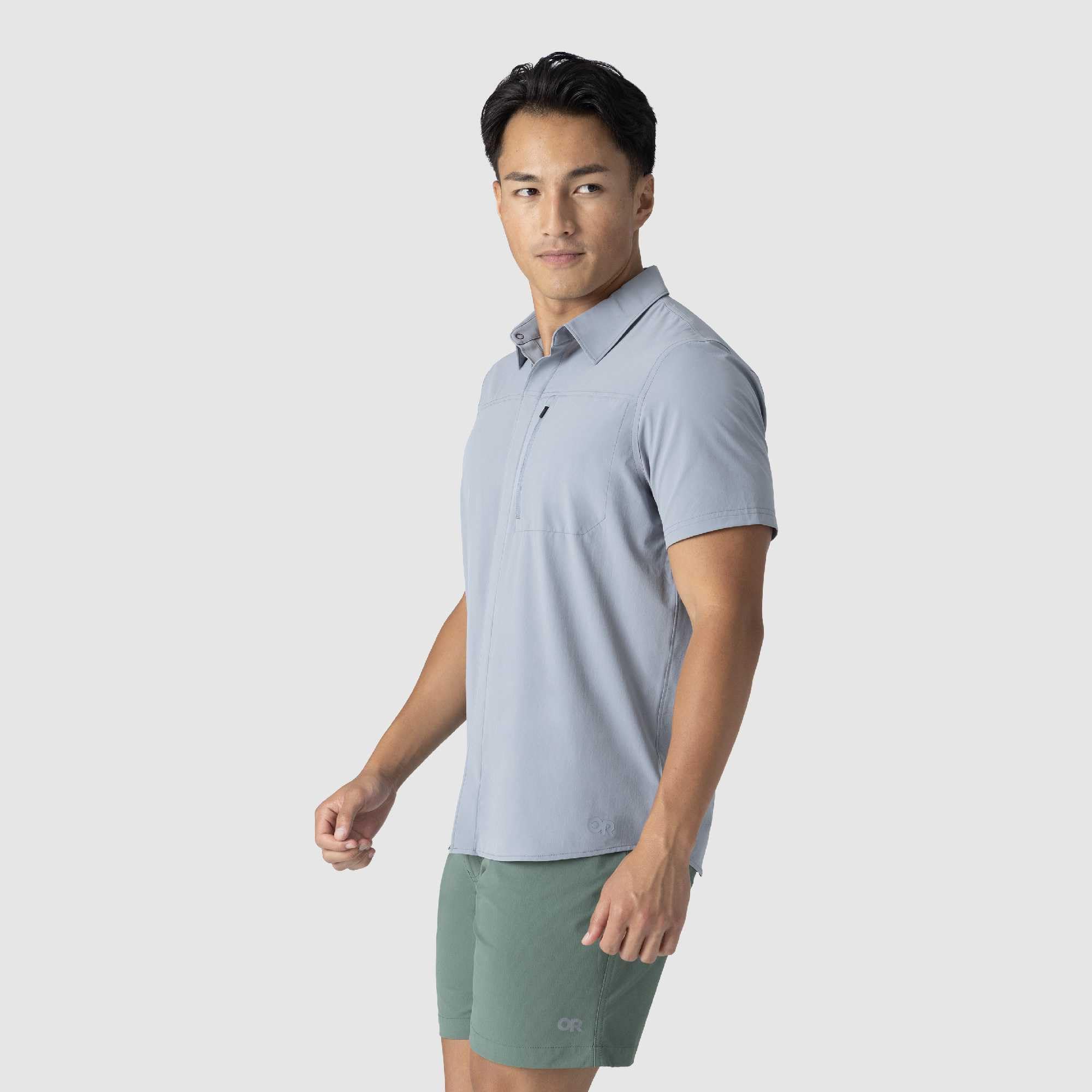 Outdoor Research Astroman Air - Camiseta de manga corta para hombre, parte trasera ventilada, transpirable, UPF 30+, botón a presión, camiseta de senderismo