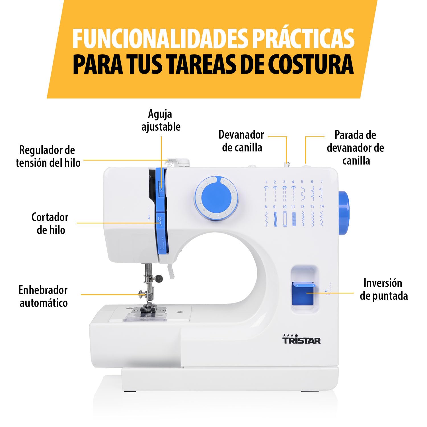 Tristar Máquina de Coser, 14 Puntadas, Ojal en 4 Pasos, Brazo Libre, Luz LED, Costura Inversa, Enhebrado Automático, Cortahilos, Incluye Funda Protectora, SM-6003