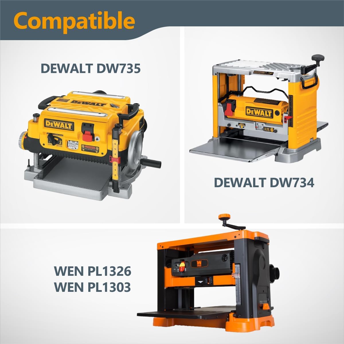 Image showing compatibility with DeWalt DW735, DW734, WEN PL1326, and PL1303 planers.