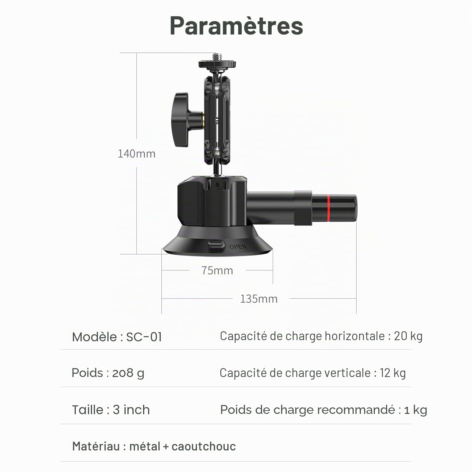ULANZI SC-01 Support à ventouse pour appareil photo avec clip universel pour téléphone portable, ventouse pour caméra d'action 3" avec boule double tête à 360° et vis 1/4", support à ventouse pour