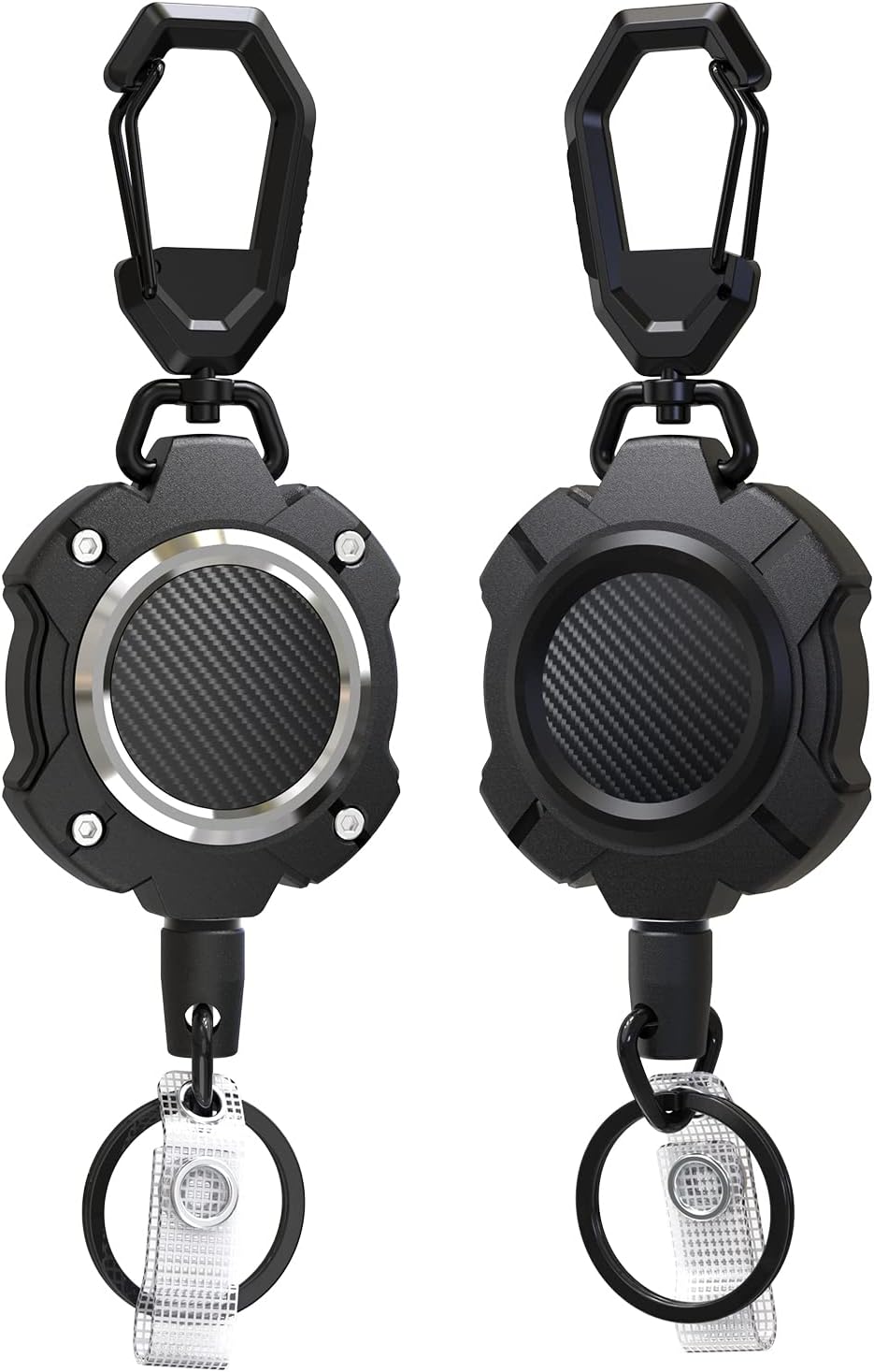 2 Pack Retractable Keychain, Heavy Duty Carabiner Key Chains, 10,000+ Rebound, Impact Resistance ID Badge Reels with 31.5” Wire Rope and Key Ring, Up to 8oz, Aluminum Ring, Carbon Fiber-Texture