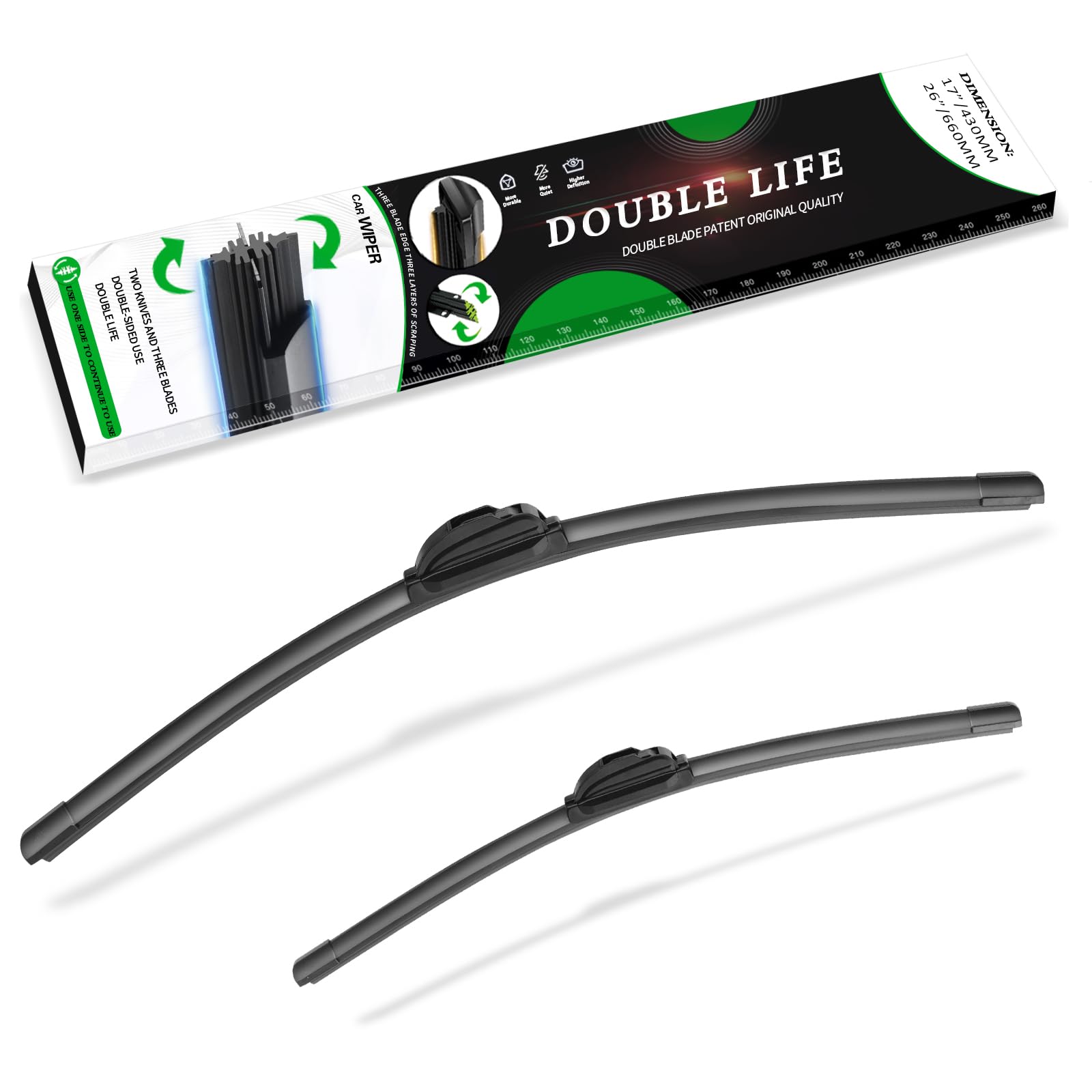OEM Quality Premium All-Seasons double lifespan Wiper blades, 26"+17" pair for front windshield