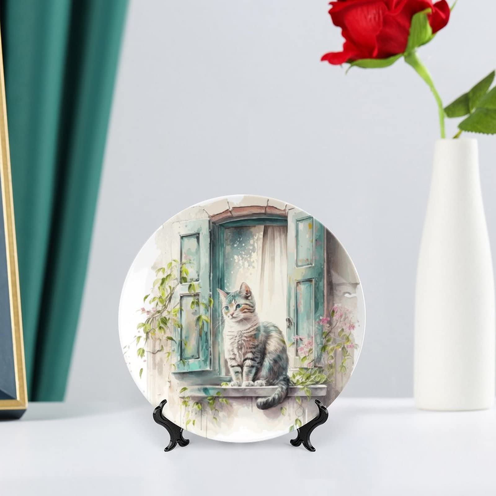 Ceramiczny płytek dekoracyjny z kotem na oknie 15 cm
