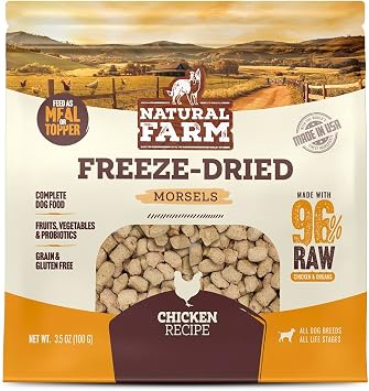 Natural Farm Freeze-Dried Chicken Morsels for Dogs 96% Raw Chicken & Organs, Complete Meal or Food Topper, Grain-Free, Gluten-Free, Probiotics for Digestion, All Life Stages 3.5oz Bag