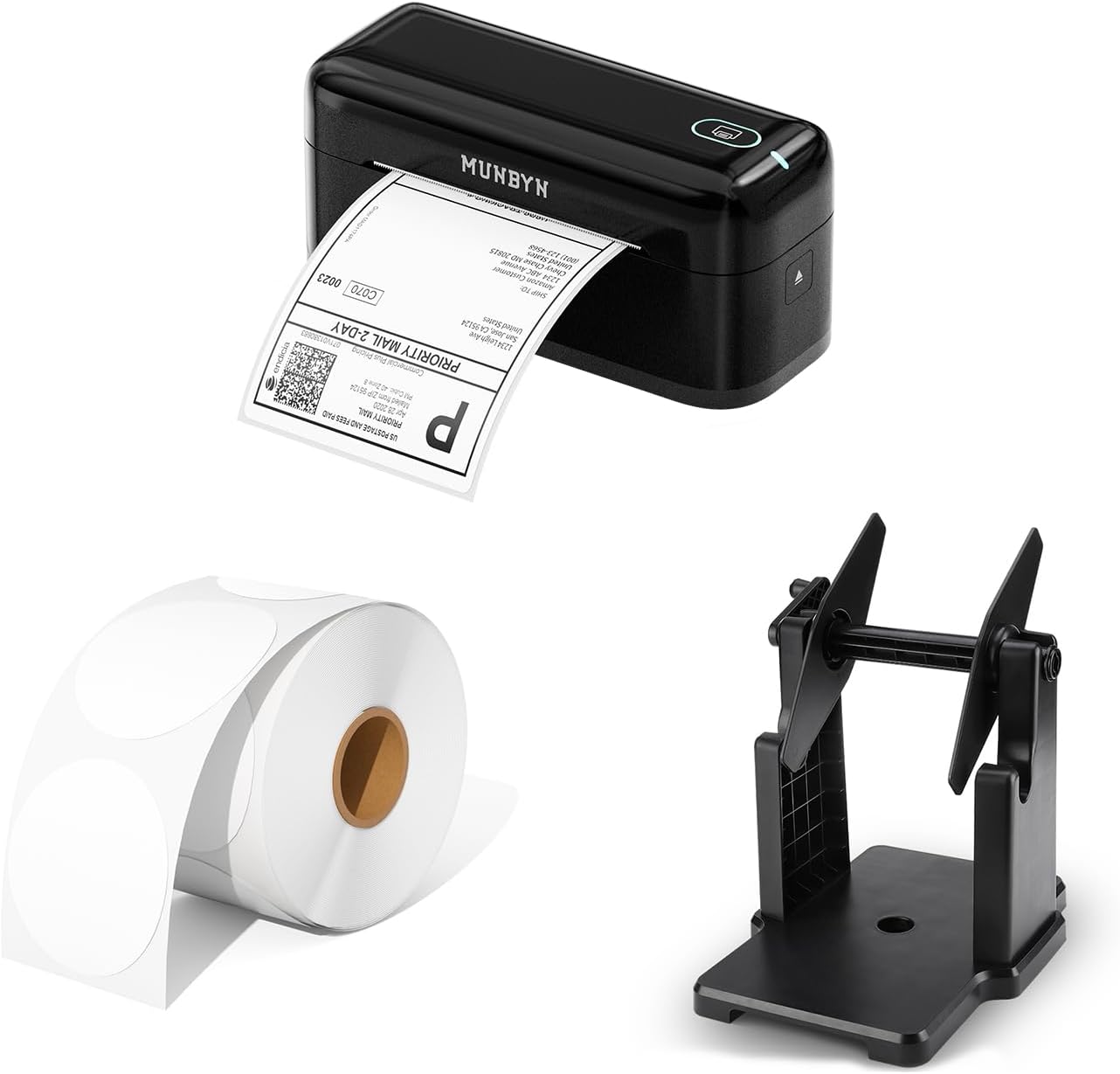 MUNBYN RW402B Thermal Label Printer+3 Inch White Circle Thermal Sticker Labels+2 in 1 External Rolls Label Holder