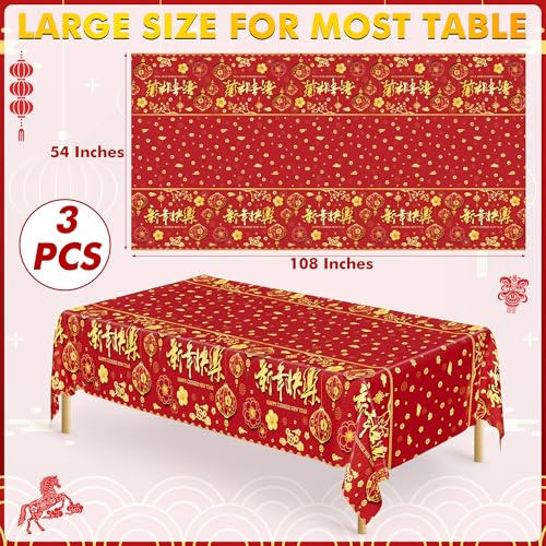 Image of 3 Pack Chinese New Year Decorations 2026, 54 x 108 Inches Red Plastic Table Cloths, Disposable Lunar New Year Table Cloth Rectangle Tablecloths Tablecover, Spring Festival Year of the Horse Decor