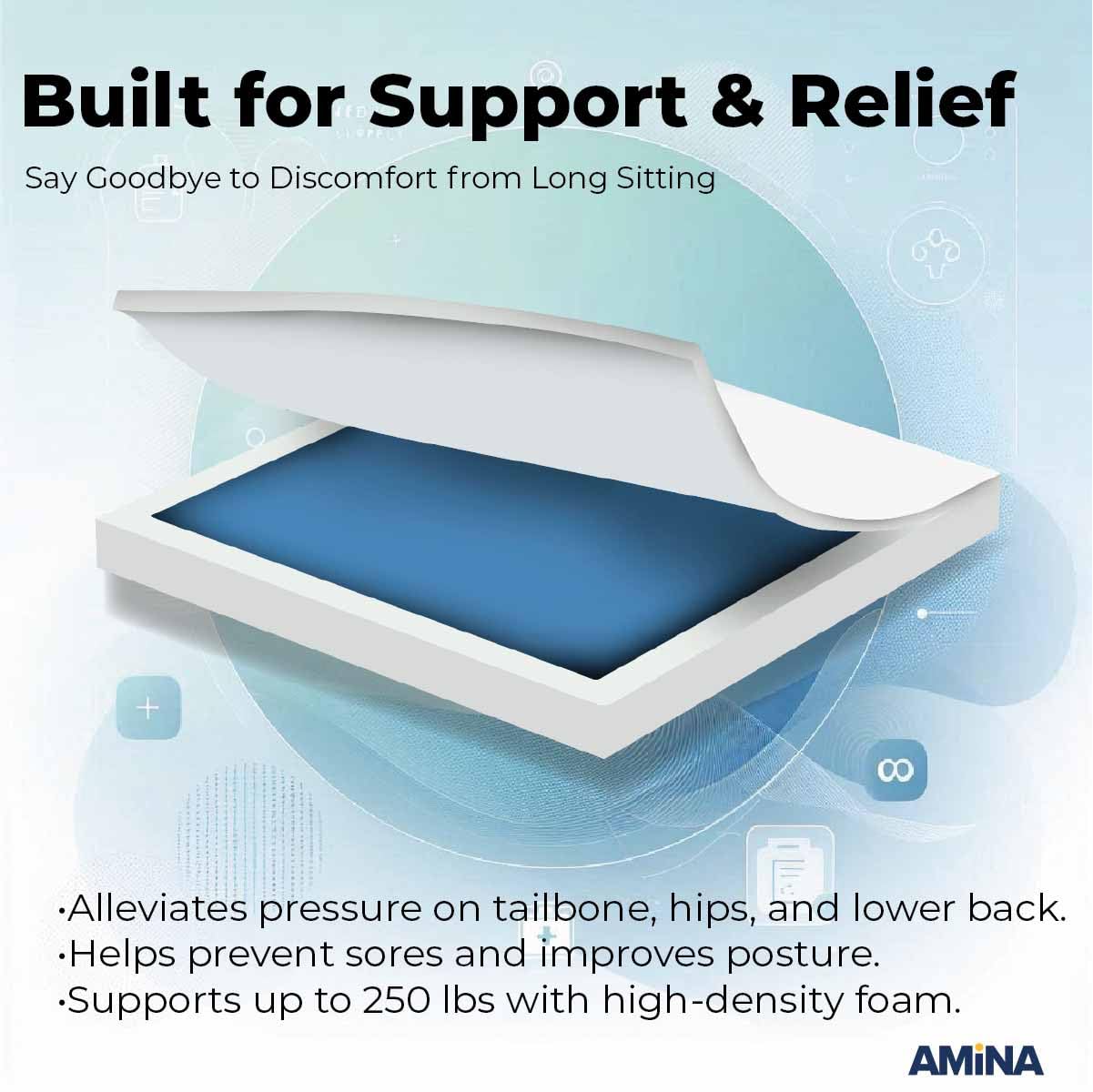 AMiNA Cojín de espuma de gel con protector de piel, cómodo cojín de asiento para sillas de ruedas, sillas de oficina, asientos de coche, antideslizante, resistente al agua, asa de transporte, ideal