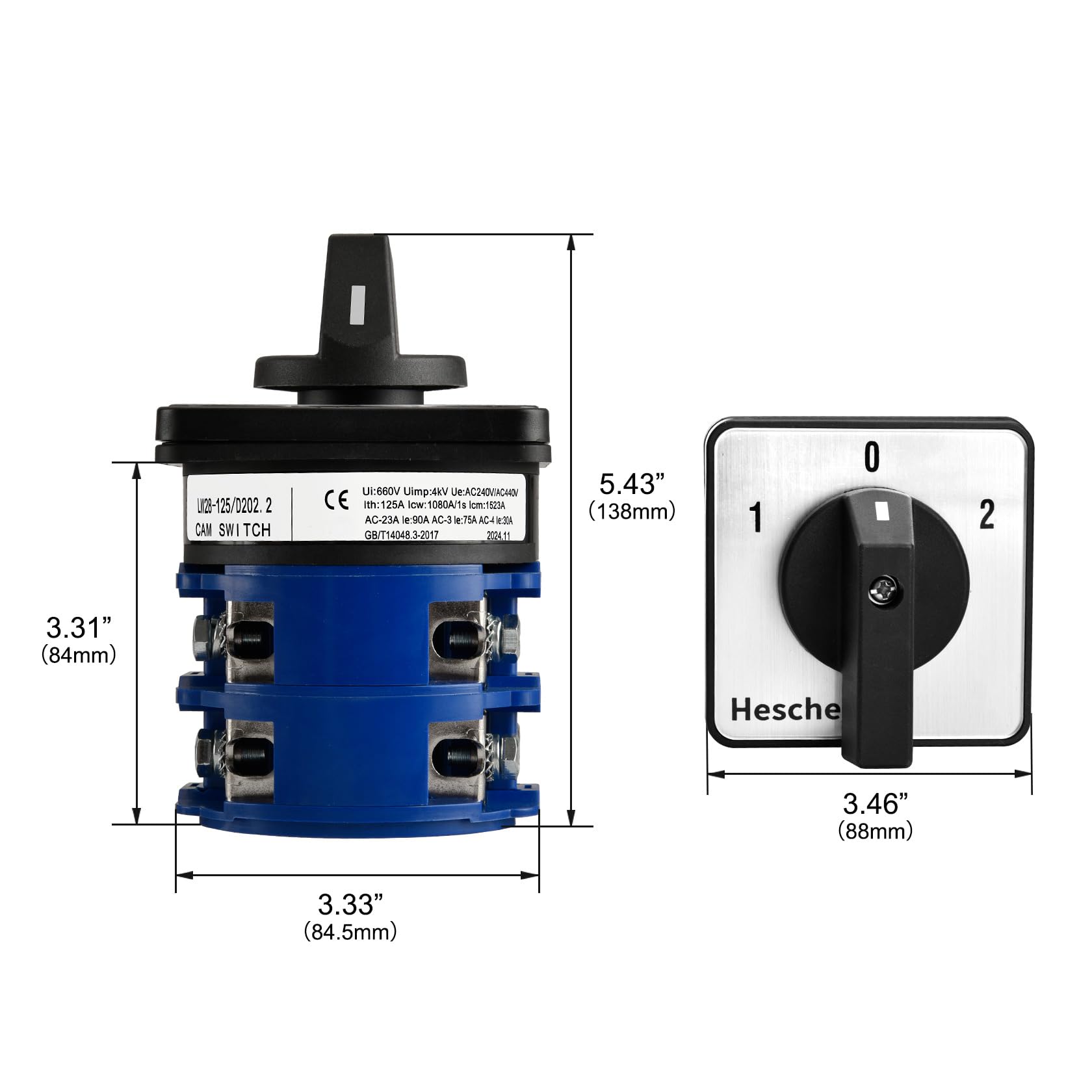 Heschen Commutatore rotativo a camma, LW28-125/D202.2, 125A 660VAC, 2 fasi, ON/OFF/ON 3 posizioni, 8 terminali