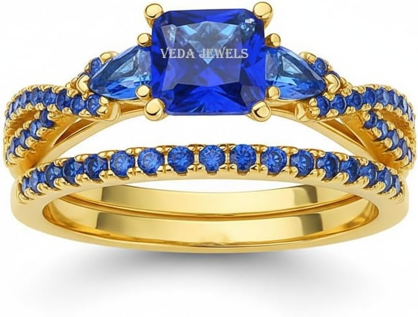 925 Sterling Silver Blue Sapphire Bridal Set Princess Cut 3-Stone Engagement Ring with Criss-Cross Infinity Band and Matching Blue Wedding Ring