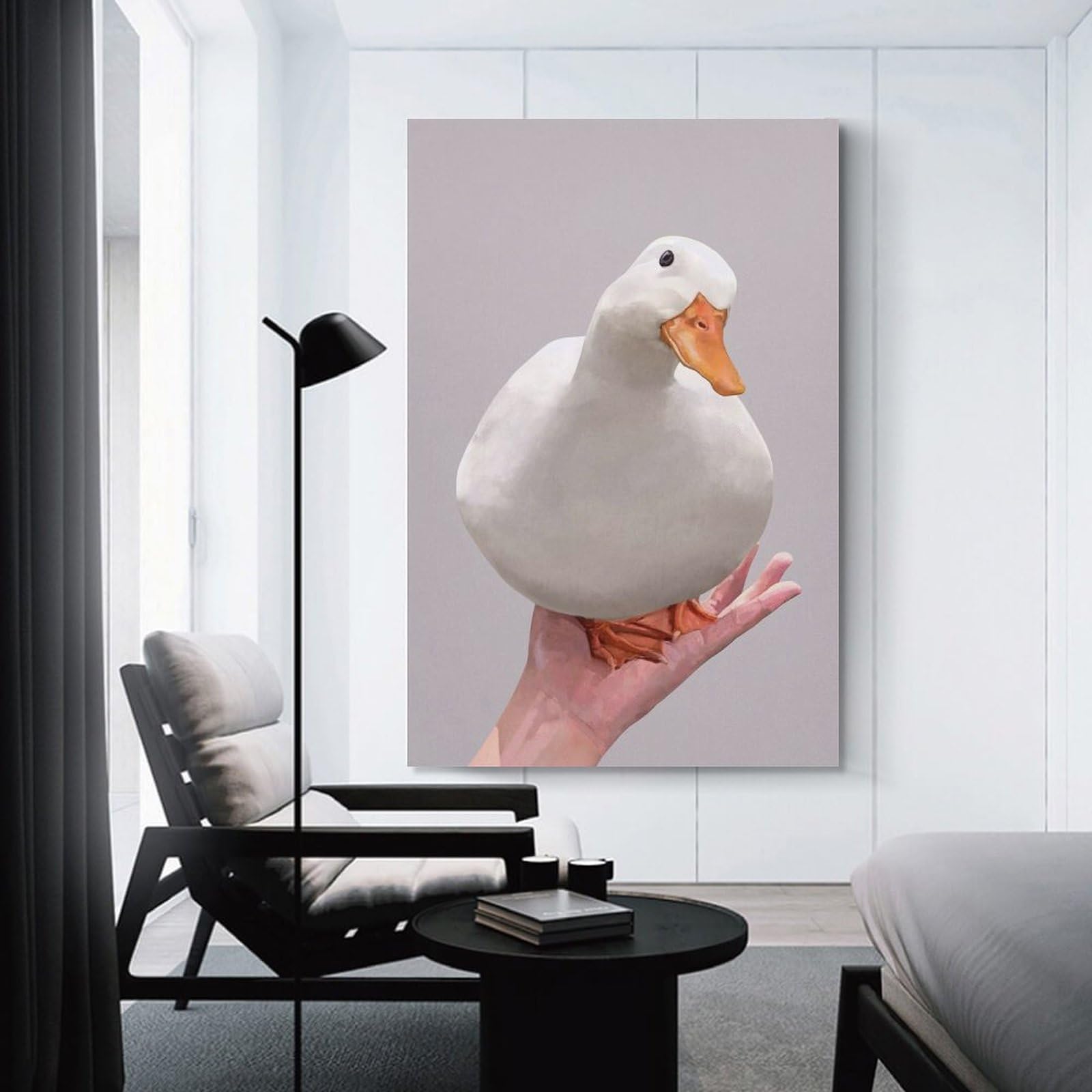 Junmoney White Duck on Palm Meme Wall Decor Canvas Print, 20x30inch(50x75cm), for Small Homes, Bedrooms Or Open Spaces, Wall Decor with Flexible Room Appeal