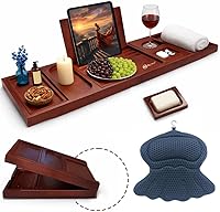 RYNEX Expandable Bamboo Bathtub Caddy Tray with Phone & Wine Holder + Soft Bath Pillow for Tub Head Neck Support