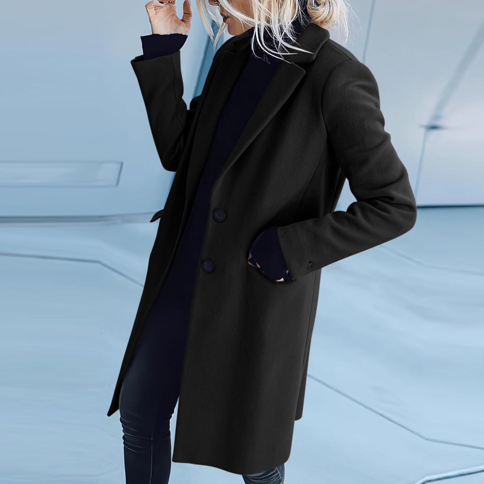 Generisch Trenchcoat Damen Lang Wollmantel Dicke Oversize Winterjacke Warm Elegant Damen-Jacken Umlegekragen Wintermantel Mit Knöpfen Übergangsjacke Einfarbig Wolljacke Frauen Langarm Mantel