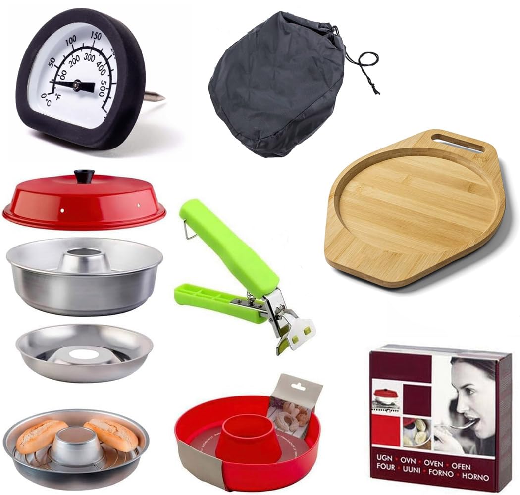 Spar-Set Camping Backofen 9-teilig - Camping Backofen (dreiteilig) + Silikonform + Aufbackgitter + Backofenthermometer + Untersetzer + Tasche + Sun and Ice Haltegriff passend für Omnia