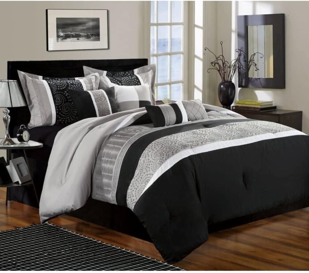 8 Piece Jet Black Comforter King Size 200 thread count cotton Traditional Style Dust