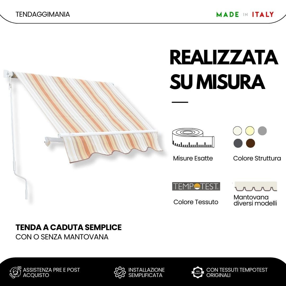 TENDAGGIMANIA Tenda da Sole a Caduta Verticale L.180cm x H.200cm | Tempotest, Caduta Verticale con Bracci, Kit Montaggio e Asta di Manovra, A Rullo per Esterno