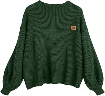 ZAFUL Women Winter Sweater Crewneck Long Lantern Sleeves Oversized Knit Sweater Badge Pullover Ribbed Sweater Jumper