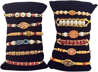 SATVIK 12 Pc Assorted Designs Rakhi for Brother Bhaiya with Puja Plate, Roli Chawal, Greeting Card & Sita-Ram Sticker Rakhi Thread