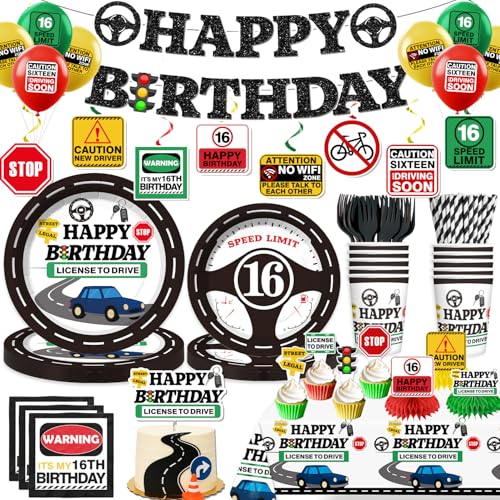 16th Birthday Decorations for Boys, Driver's License Party Banner Plates and Napkins Set Serve 20 Guests License to Drive Tablecloth Decorations Car Theme Drivers License 16 Birthday Decorat