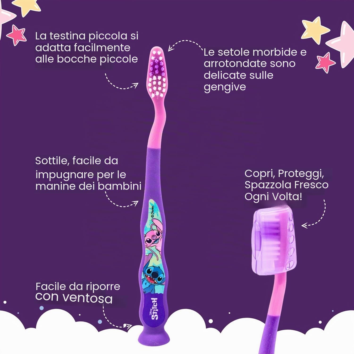 Disney Stitch - Set di spazzolini da denti per bambini, con setole morbide, ventosa e tappo protettivo, dentifricio alla menta e bicchiere multiuso, kit per l'igiene orale da viaggio per bambini dai 3