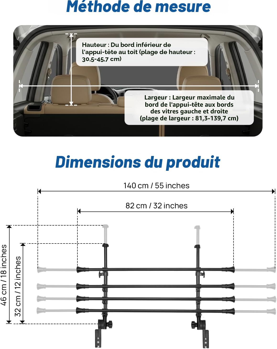 JOYTUTUS Barrière de Sécurité Voiture Chien - Réglable 32-46cm * 82-140cm | Métal Renforcé, Pour la Plupart des SUV Moyens, Installation Facile Sans Outils, Réglage Multi-Angle, Gain de Place
