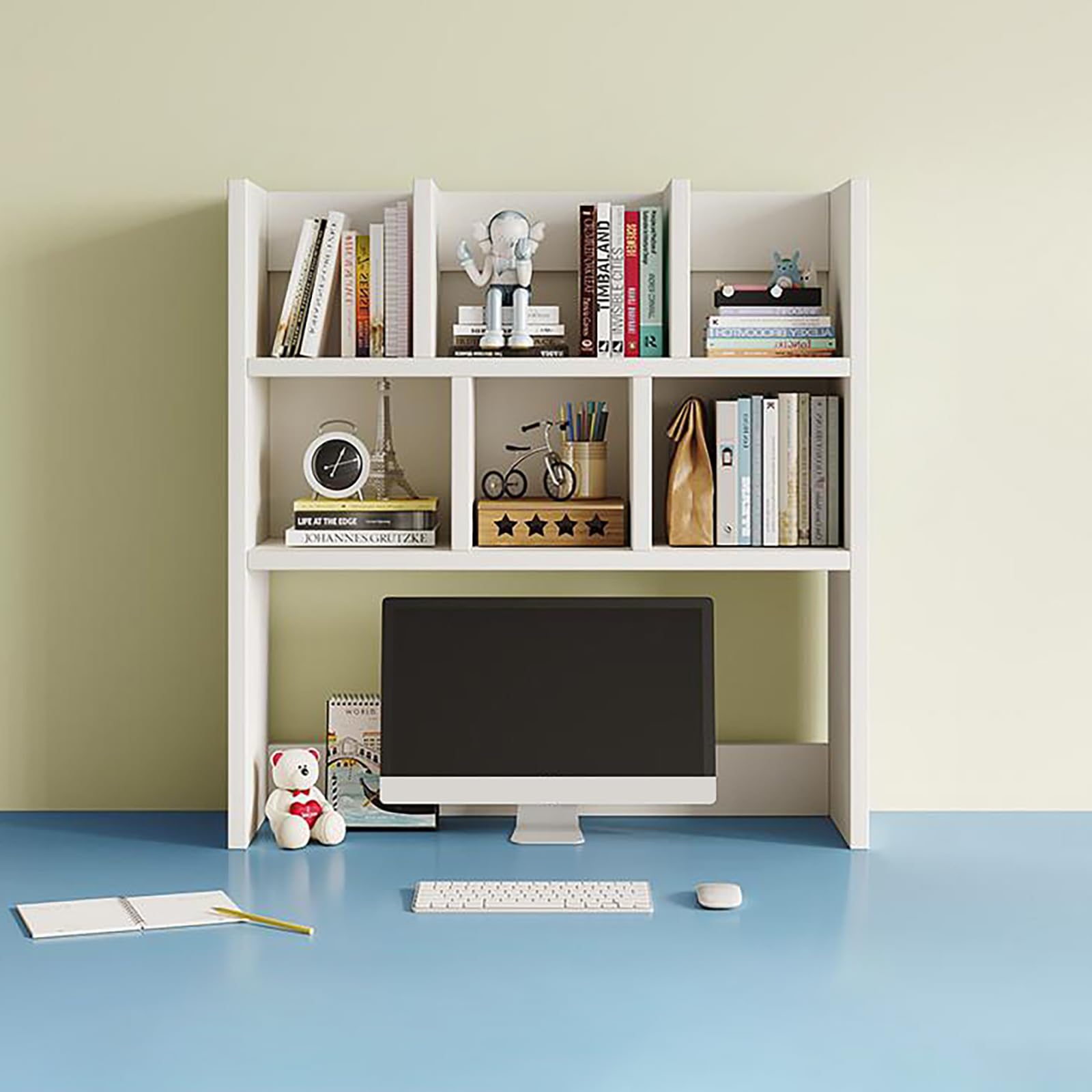 MESCXTY Wooden Desktop Bookshelf, Countertop Hutch Comupter Desk Organizer with Shelves, Freestanding Bookcase for Home Office Dorm Room(27.6'', White)