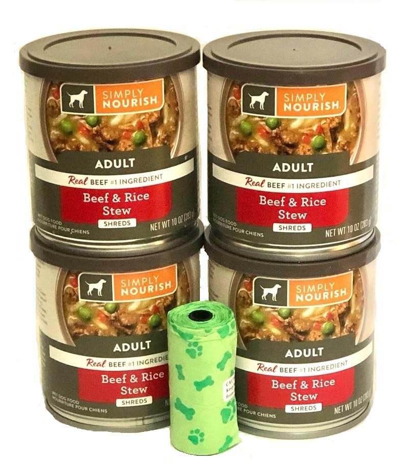 Simply Nourish Adult Beef & Rice Stew Shreds. All Breeds Of Dogs 4-10 OZ Cans/Plus Dog Waste Bag.