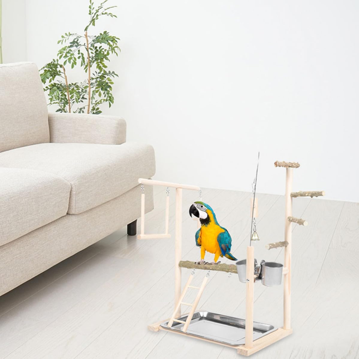 Veemoon Supporto per Pappagalli in Legno con Parco Giochi Interattivo, Trespolo Alto Stabile con Scomparti Porta Provviste, per Gabbia e Gioco Domestico per Uccelli