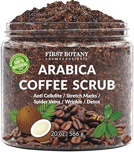 100% Natural Arabica Coffee Scrub with Organic Coffee, Coconut and Shea Butter - Best Acne, Anti Cellulite and Stretch Mark treatment, Spider Vein Therapy for Varicose Veins & Eczema (20 oz)