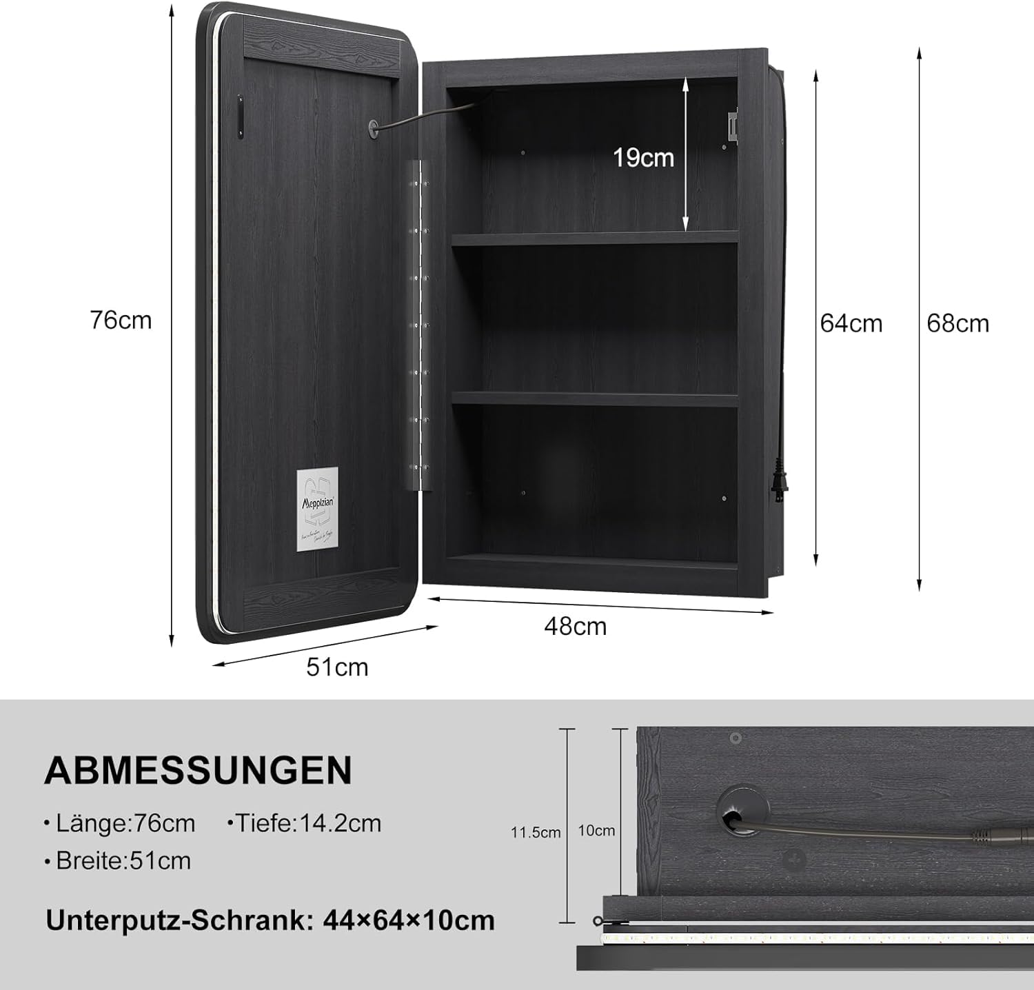 Spiegelschrank Bad mit Ambient-Stimmungsbeleuchtung, Badschrank Hängend mit Spiegel und Ablage, Badezimmer Spiegelschrank, Wandschrank, Stufenlos dimmbar, 51x76 cm Schwarz
