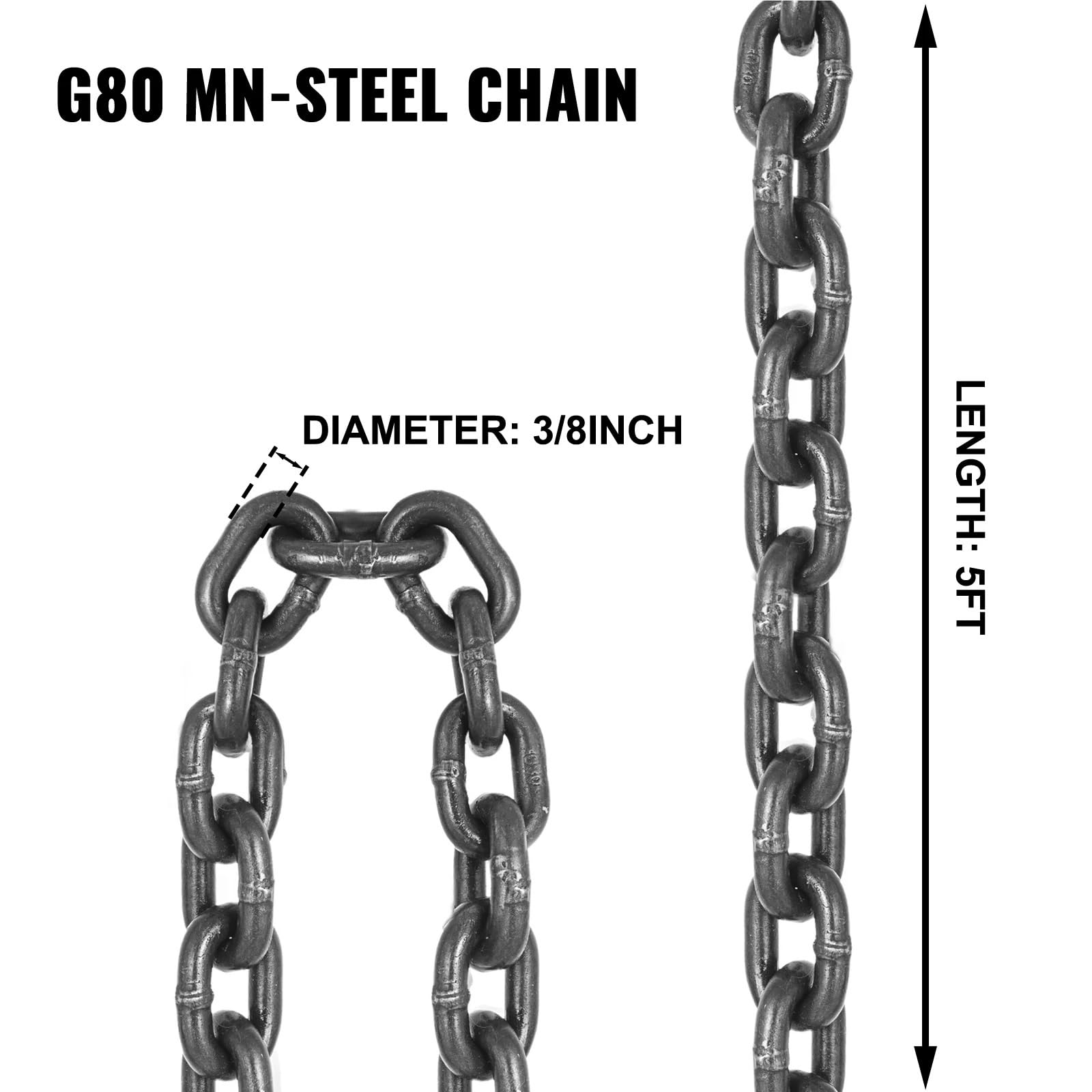 Cinghia di sollevamento a catena da 5 piedi con ganci presa e doppie gambe 3/8" x 5', capacità 4T/8800 libbre, robusta classe 80 Per Traino Del Carico